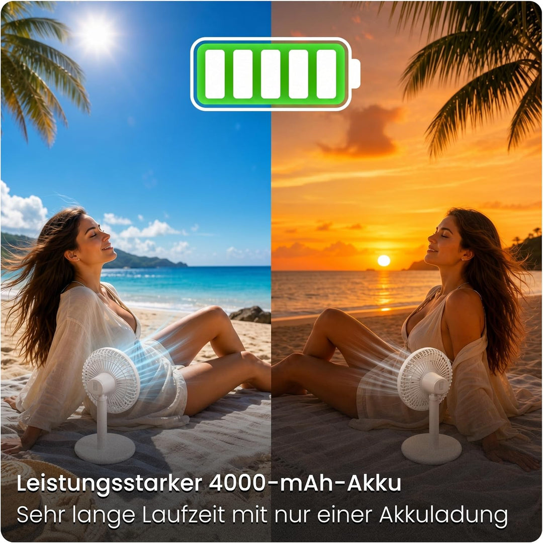 Tischventilator sehr leise - Akku USB Ventilator 4000mAh, Ø 16,5cm, bürstenloser 7-Flügel Mini Lüfte
