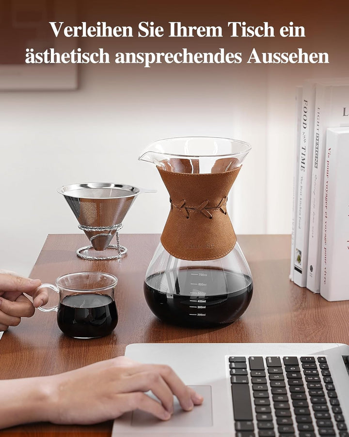 Kaffeebereiter mit Filter aus Edelstahl, 800ml Kaffeekanne für 5-6 Tassen Glas Pour Over Kaffeebrühe