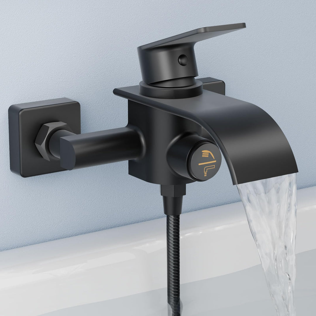 KULACO Badewannenarmatur Wasserfall Schwarz, Mischbatterie Badewanne Wannenbatterie, Messing Wasserh