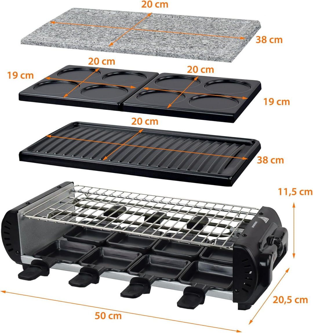 Syntrox Germany Raclette Liestal, 8 Personen, 8 Pfännchen, 4 Grillplatten/heisser Stein, antihaftbes