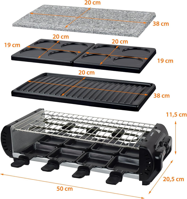 Syntrox Germany Raclette Liestal, 8 Personen, 8 Pfännchen, 4 Grillplatten/heisser Stein, antihaftbes