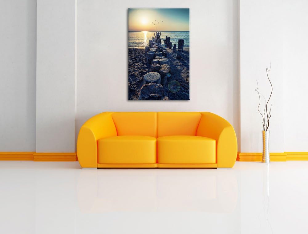 Baumstümpfe am Meer Format: 100x70 auf Leinwand, XXL riesige Bilder fertig gerahmt mit Keilrahmen, K