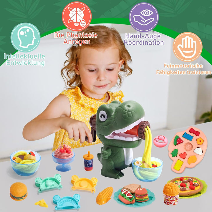 Dinosaurier Knete Set 42-teilig mit Kitchen Creations Nudelmaschine,5 Dino Eierformen,12 Farben Knet