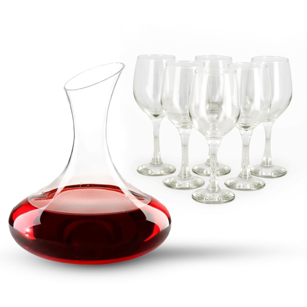 Ma Maison Weindekanter Set 1,6 lt + 6 Glaskelche 300cc -Widerstandsfähiges Glas - für Rotwein Weissw