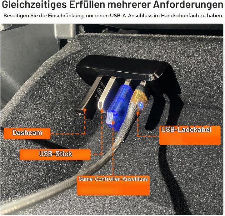 Handschuhfach USB Hub für Tesla Model Y 2021-2024 Model 3 2021-2023, 4-in-1 Multiport Handschuhbox D
