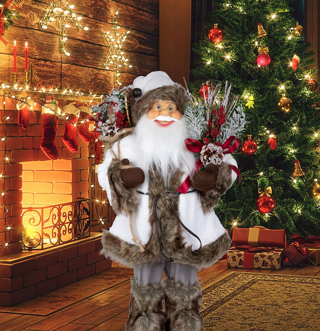 Christmas Paradise Stehender Weihnachtsmann Klaus 60cm Weiss-Braun Deko-Figur Santa Nikolaus, 60cm