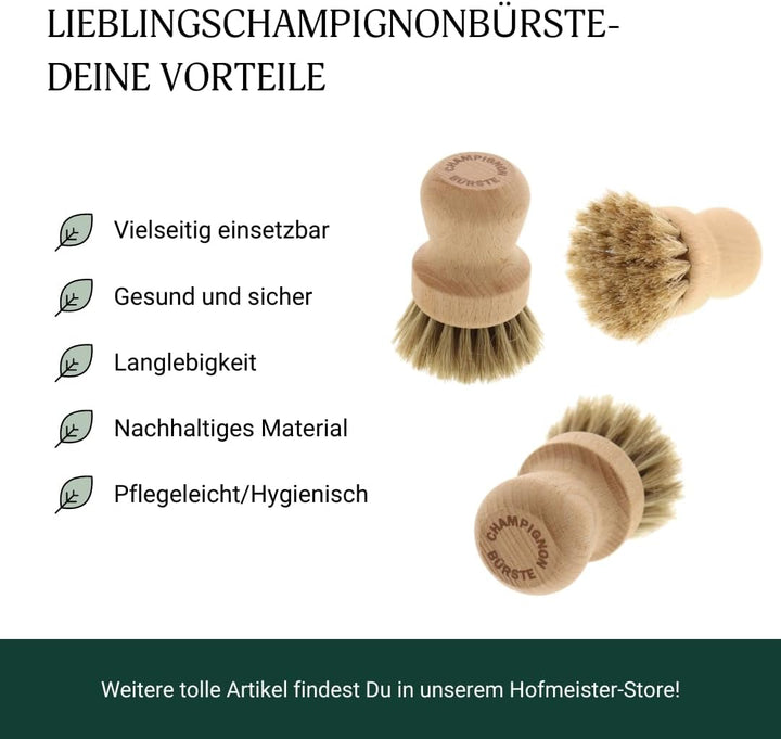 3X HOFMEISTER® Pilzbürste Champignonbürste Holz Naturborste - mit edlem Rosshaar, für alle Pilze gee