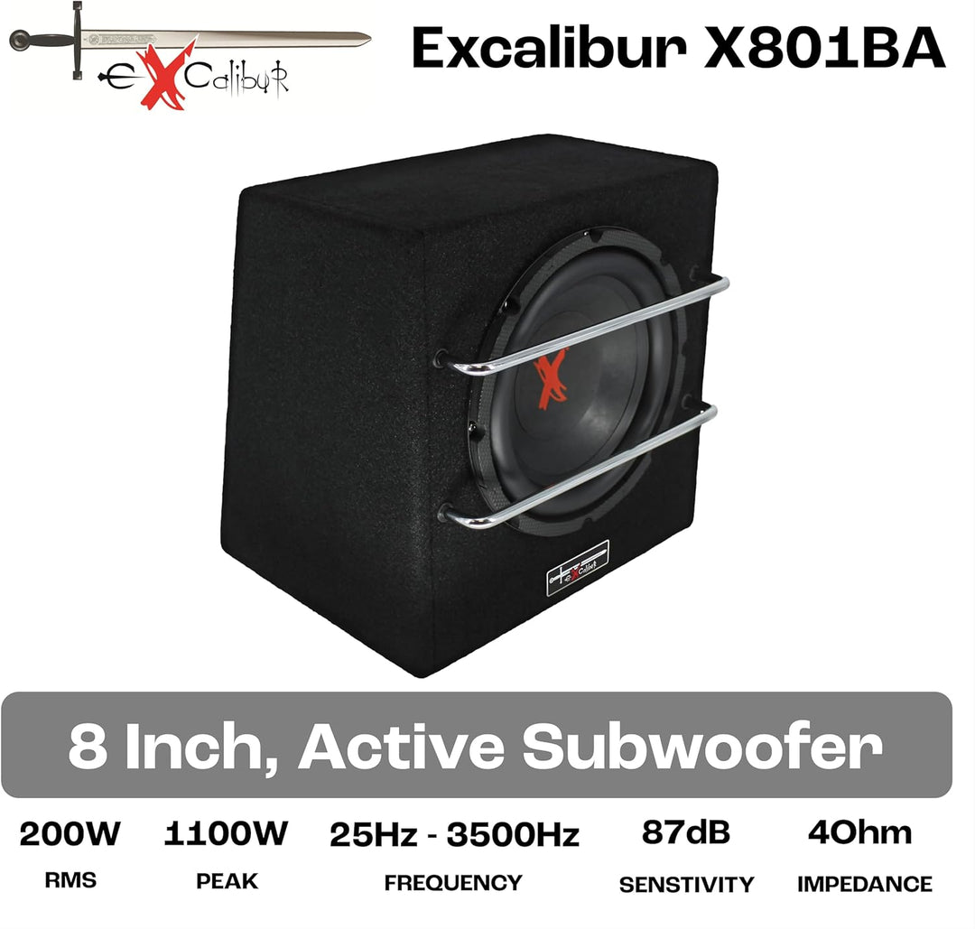 Excalibur X801BA, 8 Zoll Aktiver Auto Subwoofer, Integrierter Verstärker, Untersitz-Bassbox mit Clas