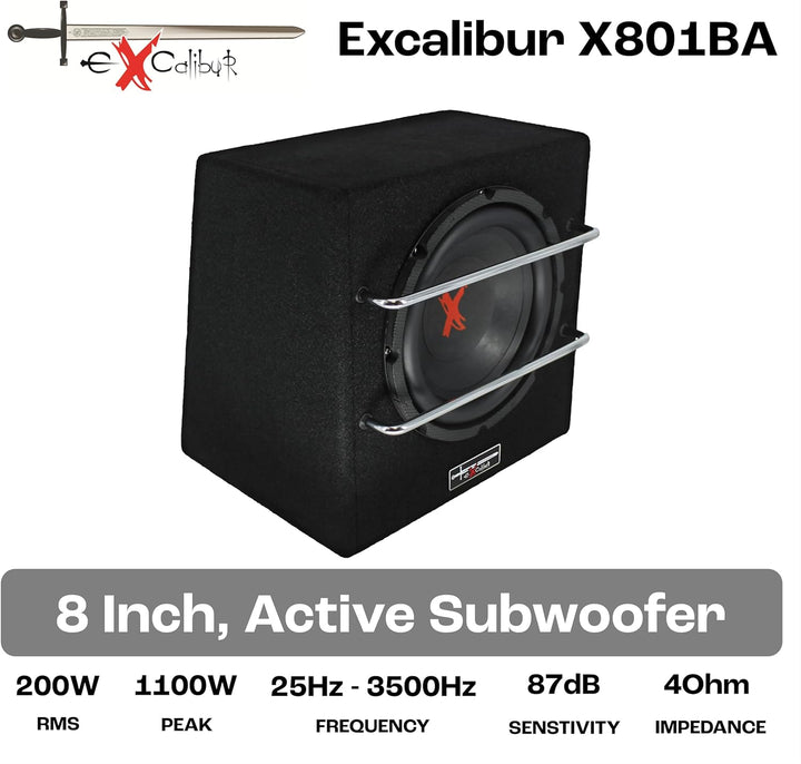 Excalibur X801BA, 8 Zoll Aktiver Auto Subwoofer, Integrierter Verstärker, Untersitz-Bassbox mit Clas