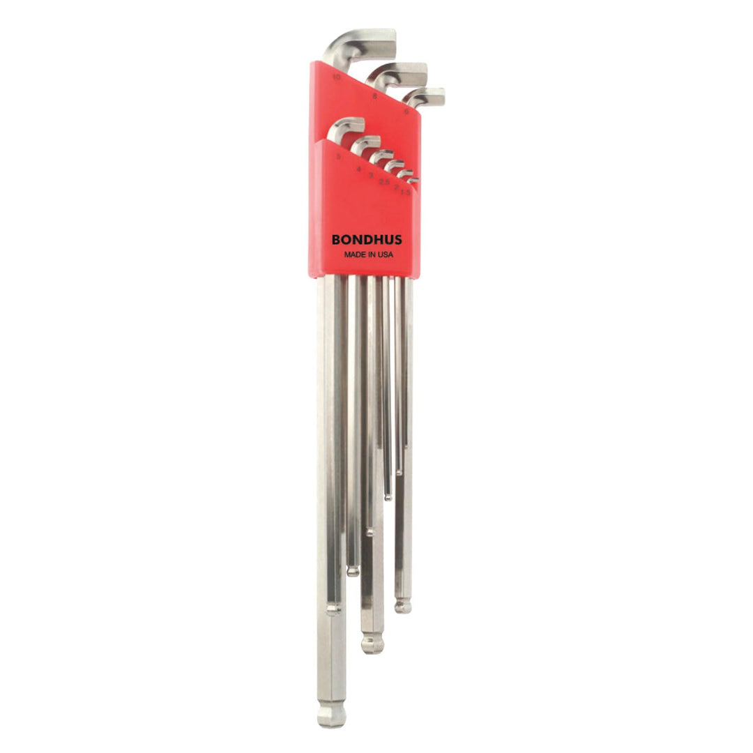 Bondhus 16799 9 Piece Stubby Ball End Tip Hex Key L-Wrench Set with BriteGuard Finish, Long Arm