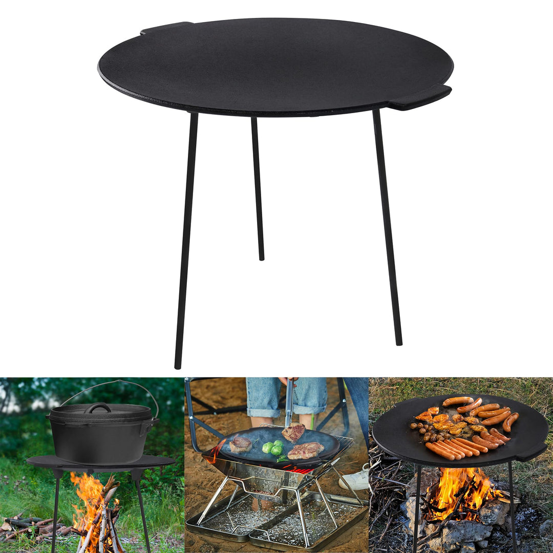 YRHome BBQ Gusseisen Grillplatte Rund Ø45 cm Dutch Oven Ständer Dreibein Grillplatte Grillpfanne mit