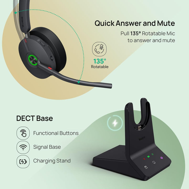 Yealink WH68 ANC DECT Kabelloses Headset mit Mikrofon, 4X AI-Mic mit Geräuschunterdrückung, 185m Rei