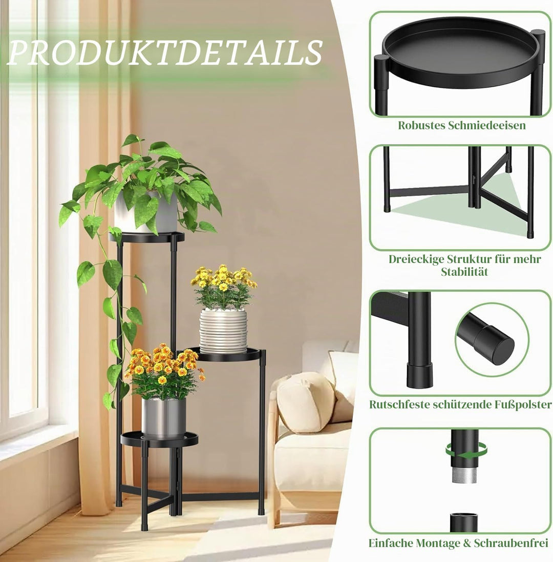 Blumenständer Metall mit 3 Ebenen, Pflanzenständer Metall mit 10 Zoll breiter Tablett, Platzsparende