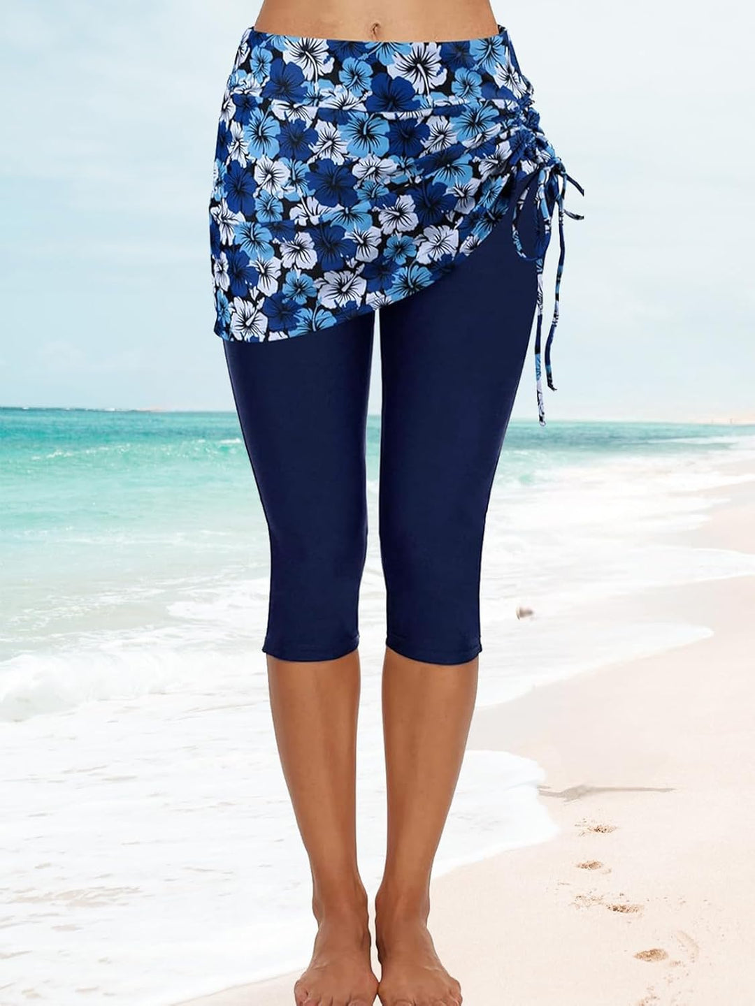Ecupper Badehose Damen Lang Schwimmhose Capri Badeleggings Mit Rock Schwimm M Blaue Blumen, M Blaue
