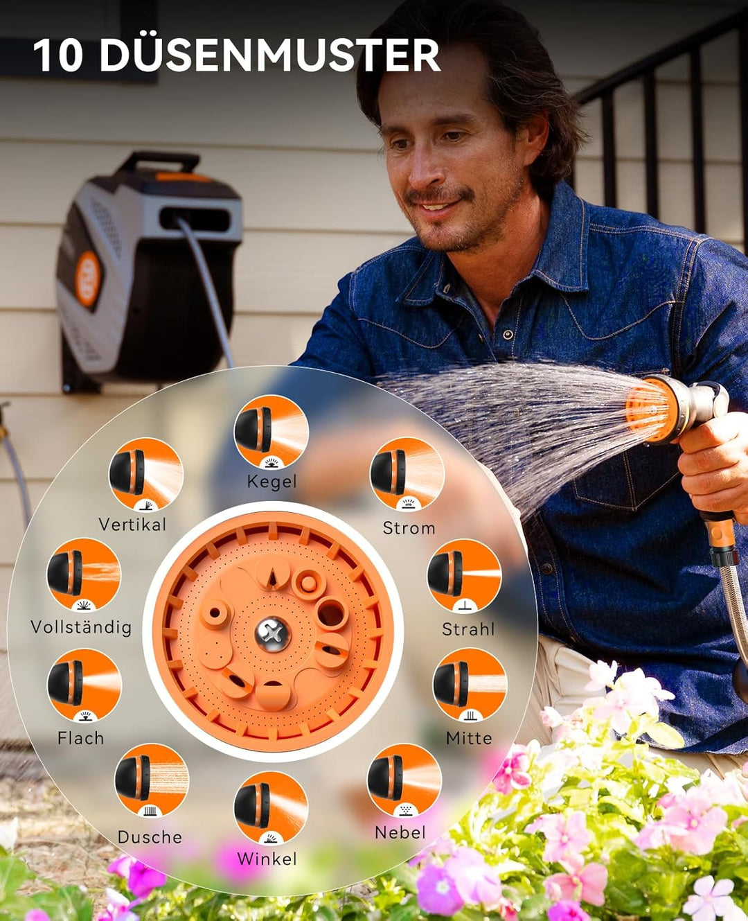 SUNPOW Wand Schlauchbox RollUp 15m- Schlauchtrommel Wandmontage Mit 10 Funktion Sprayer Düse - Jede
