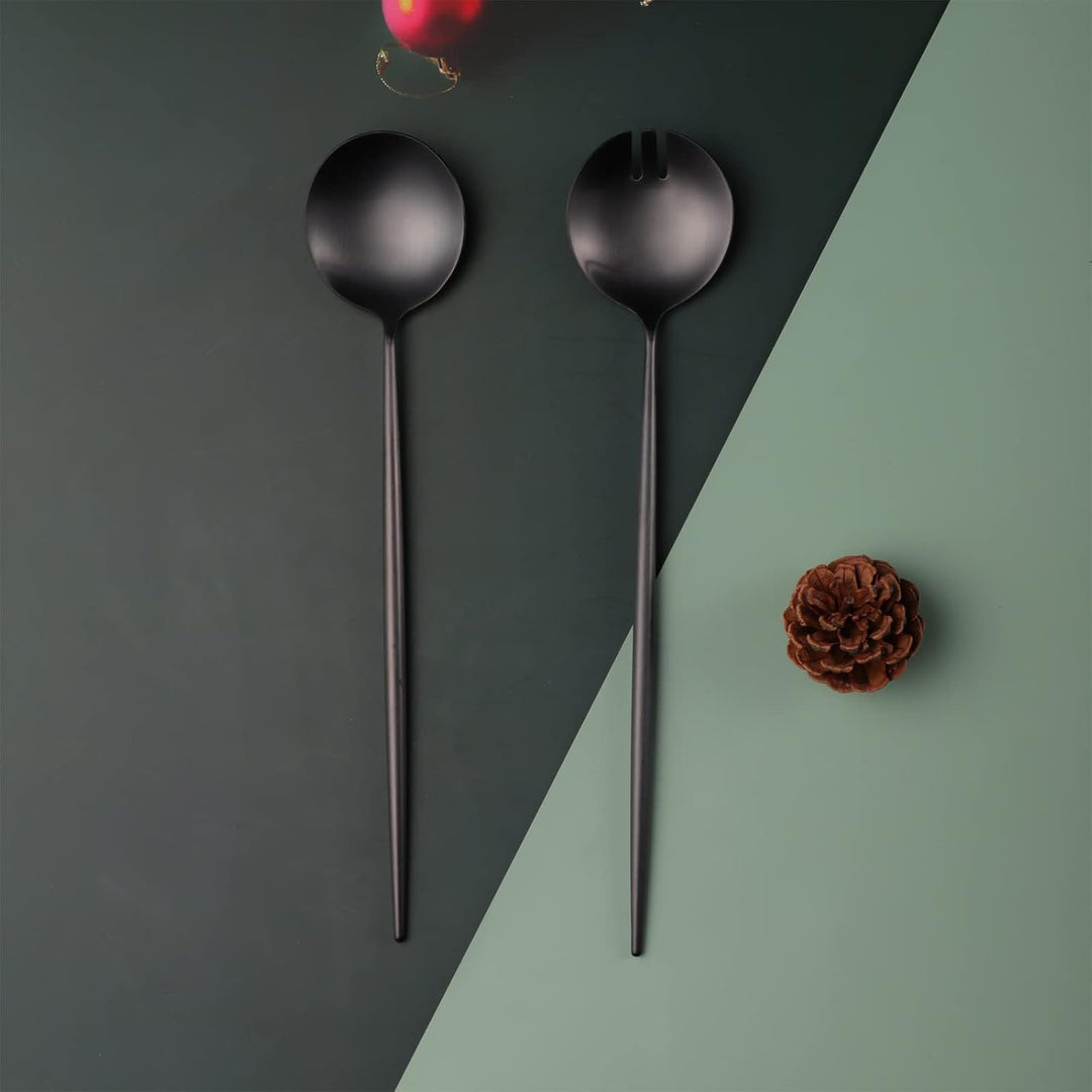 Salatbesteck, Löffel und Gabel, 29 cm, 18/10 Edelstahl, Titanbeschichtung, Schwarz, Schwarz