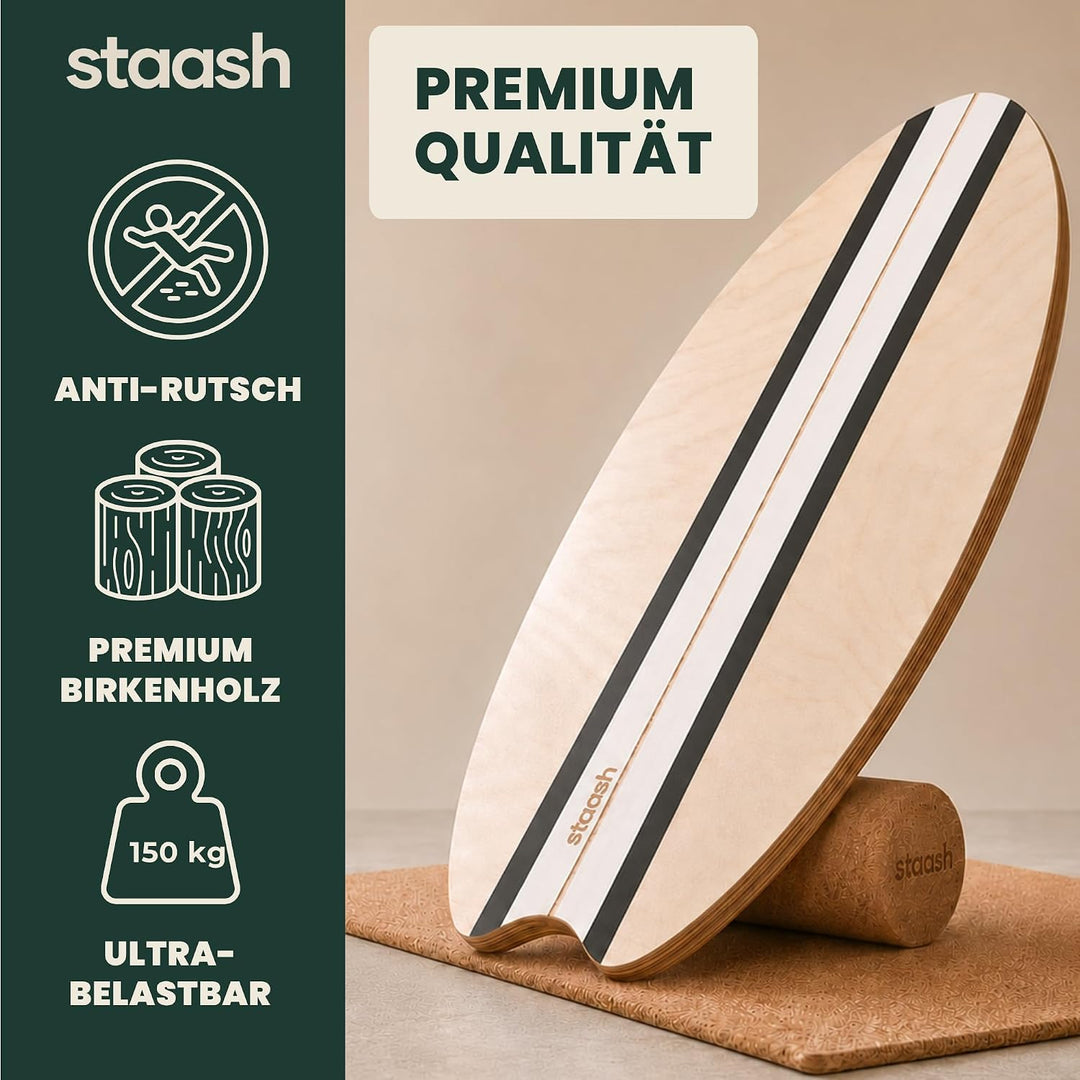 STAASH® PRO Balance Board - Premium Birkenholz mit 5 Trainings-Modulen | Komplettset für Core, Balan