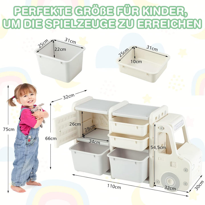 GOPLUS Kinderregal in Autoform, Multifunktionales Spielzeugregal mit 4 Boxen & 1 Schrank, Aufbewahru