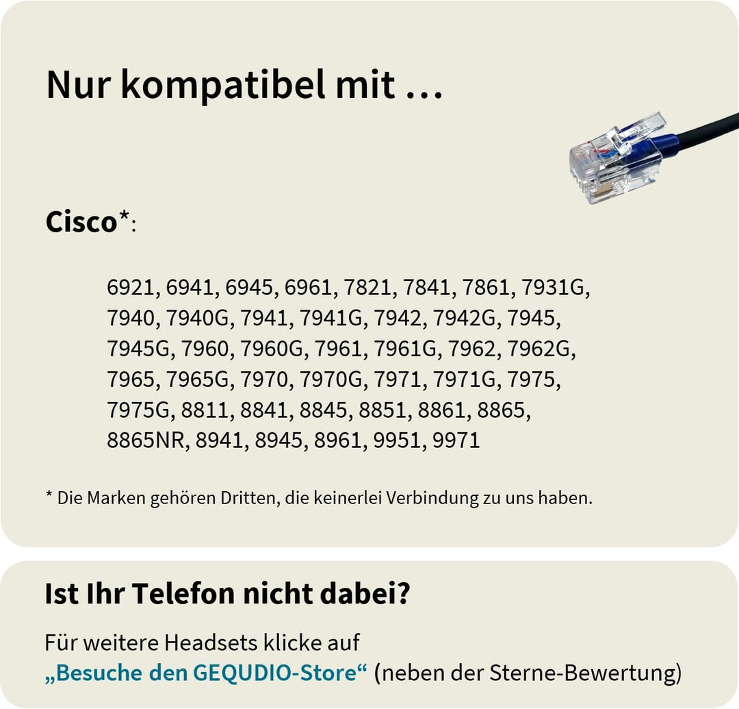 GEQUDIO Headset kompatibel mit Cisco Telefon - inklusive RJ Kabel - Kopfhörer &amp; Mikrofon mit Ersatz