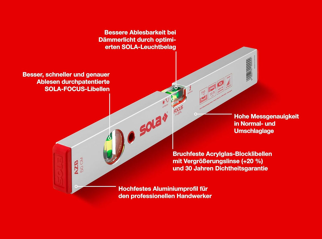 Sola 1010701 Alu-Wasserwaage "AZB 50" cm in rot, 500 mm, 500 mm