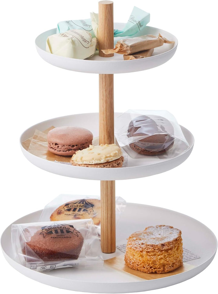 YAMAZAKI Tosca' 2419 3-stufiger Dessertständer für Wohnzimmer, Küche, Stahl, Holz, Weiss, L B 20 x H