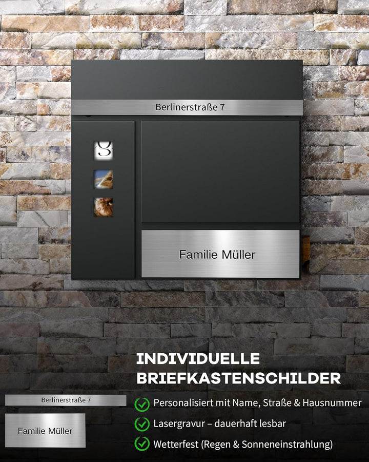 Briefkasten Anthrazit mit Gravur, Personalisiert Individualisierbarer Postkasten 2-in-1 Rostfreier E