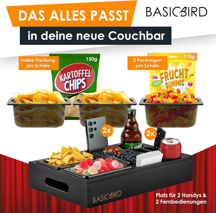 Couchbar Snackbox - Organizer Tablett- Snackspender mit 3X Snackschale - Holz Sofatablett für Sofa,