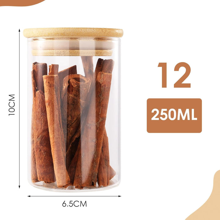 12 Stück Gewürzgläser Set mit Bambus Deckel, 250ml Gewürzdosen Set Glas, Gewürzbehälter SpiceJars, G