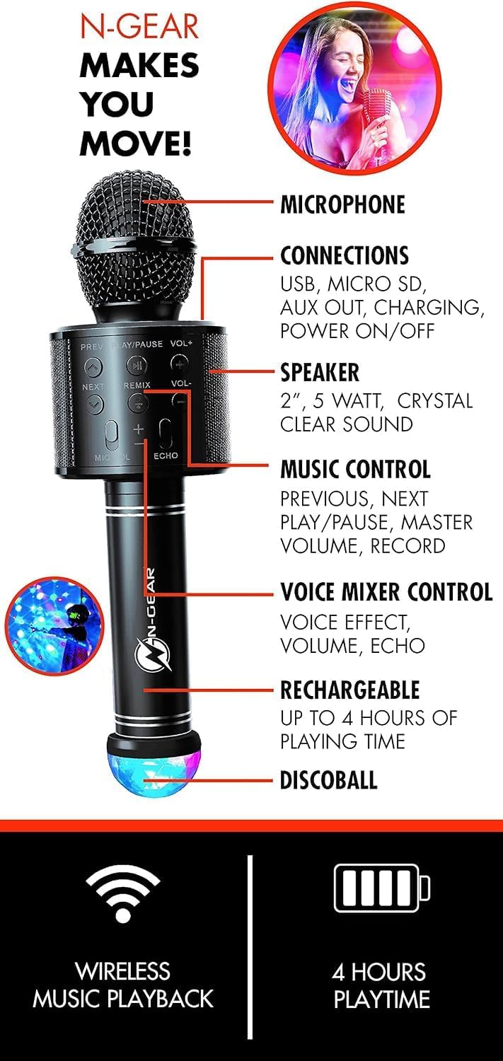 NGEAR SingMic S20L Bluetooth Karaoke Mikrofon mit 10W Max Leistung, 2 Zoll Lautsprecher, RGB Disco L