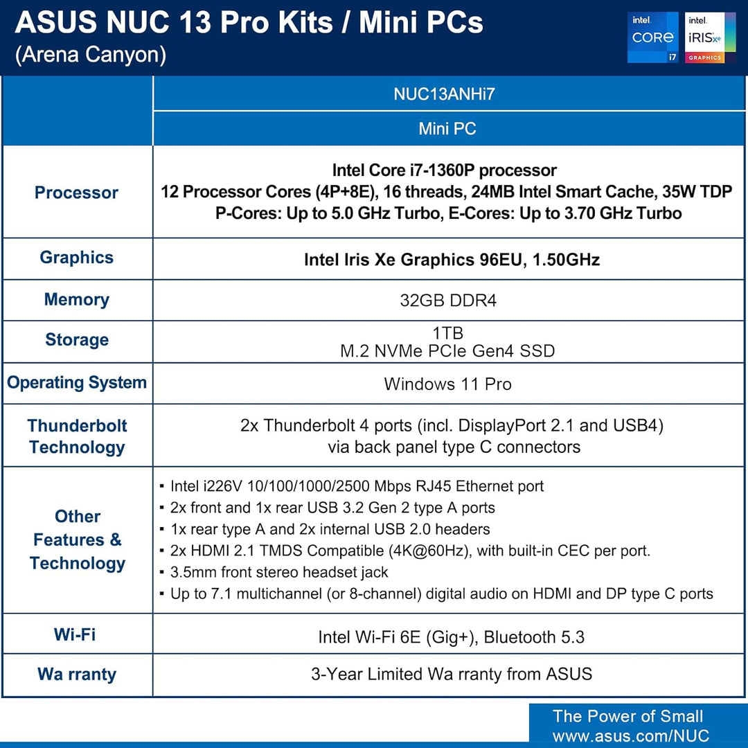 Intel NUC 13 Pro NUC13ANHi7 Arena Canyon Mini PC, Core i7-1360P, 32GB RAM, 1TB SSD, Mini Computer Wi
