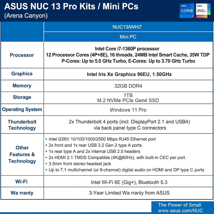 Intel NUC 13 Pro NUC13ANHi7 Arena Canyon Mini PC, Core i7-1360P, 32GB RAM, 1TB SSD, Mini Computer Wi