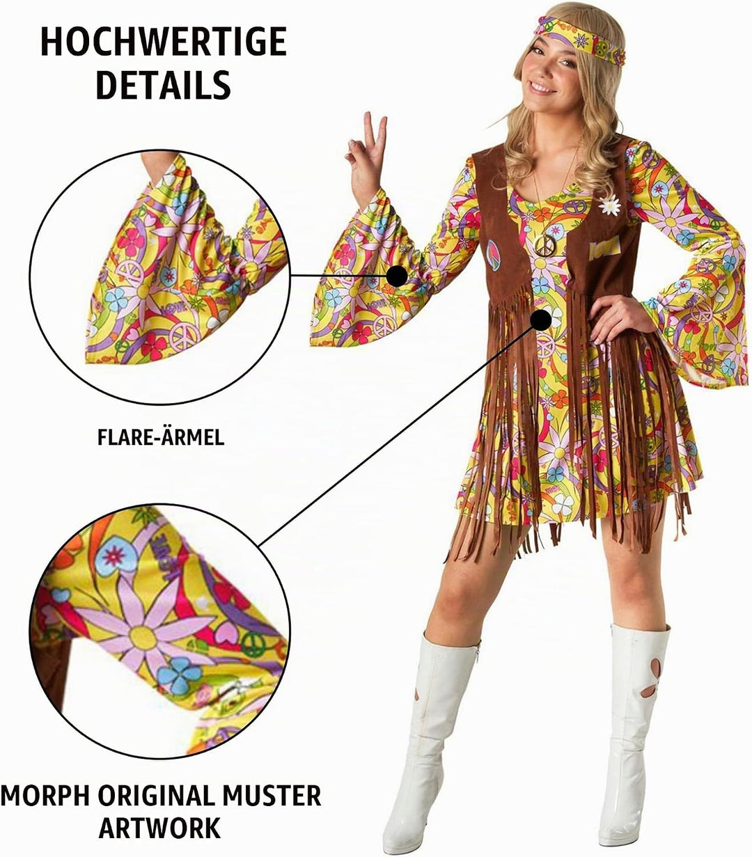 Morph Hippie Kostüm Damen Kleid, Hippie Damen Kleid, 70er Jahre Kostüm Damen, 70er Kostüm Damen, Hip