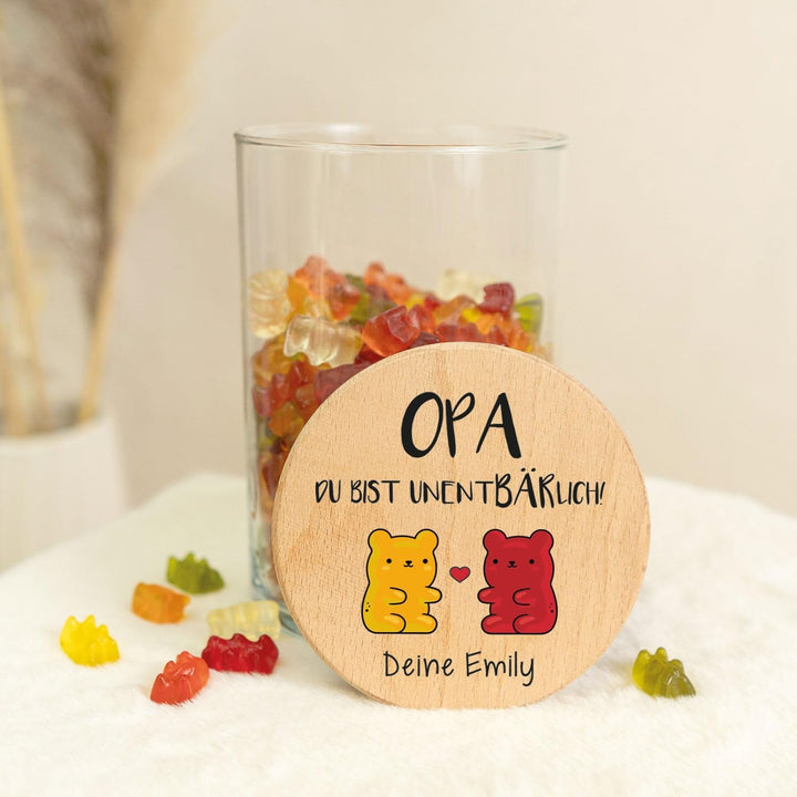 GRAVURZEILE Vorratsglas mit bedrucktem Holzdeckel - UnentBÄRlich Opa - Personalisiert mit Name - Kek