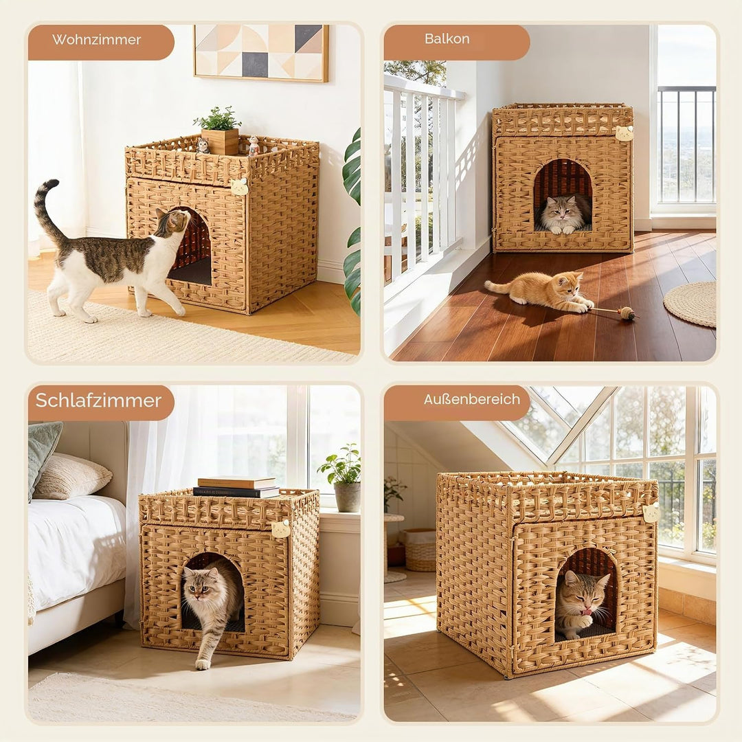Geflochtenes Rattan-Katzentoiletten-Möbel mit Matte und Zaun, verstecktes Design, 47 x 50 x 48 cm, N