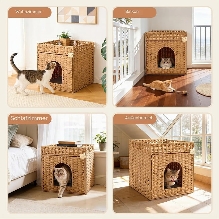 Geflochtenes Rattan-Katzentoiletten-Möbel mit Matte und Zaun, verstecktes Design, 47 x 50 x 48 cm, N