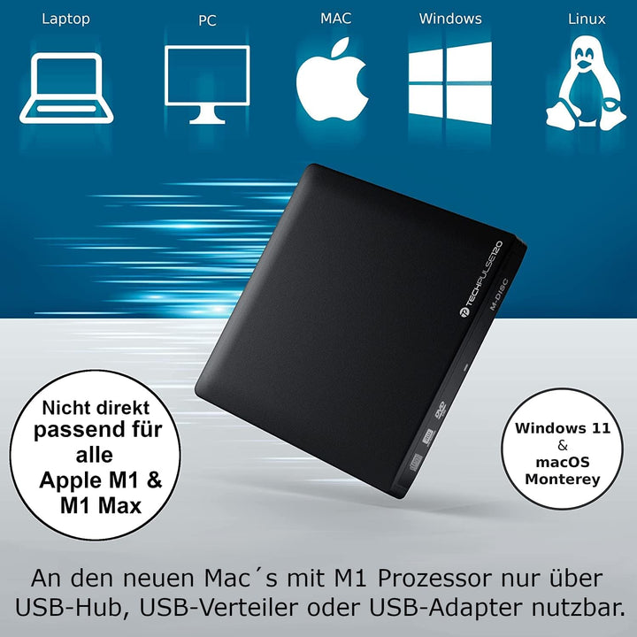 techPulse120 USB 3.0 & Type C M-Disc externer DVDRW CDRW Brenner Writer Alu Schwarz Burner Superdriv