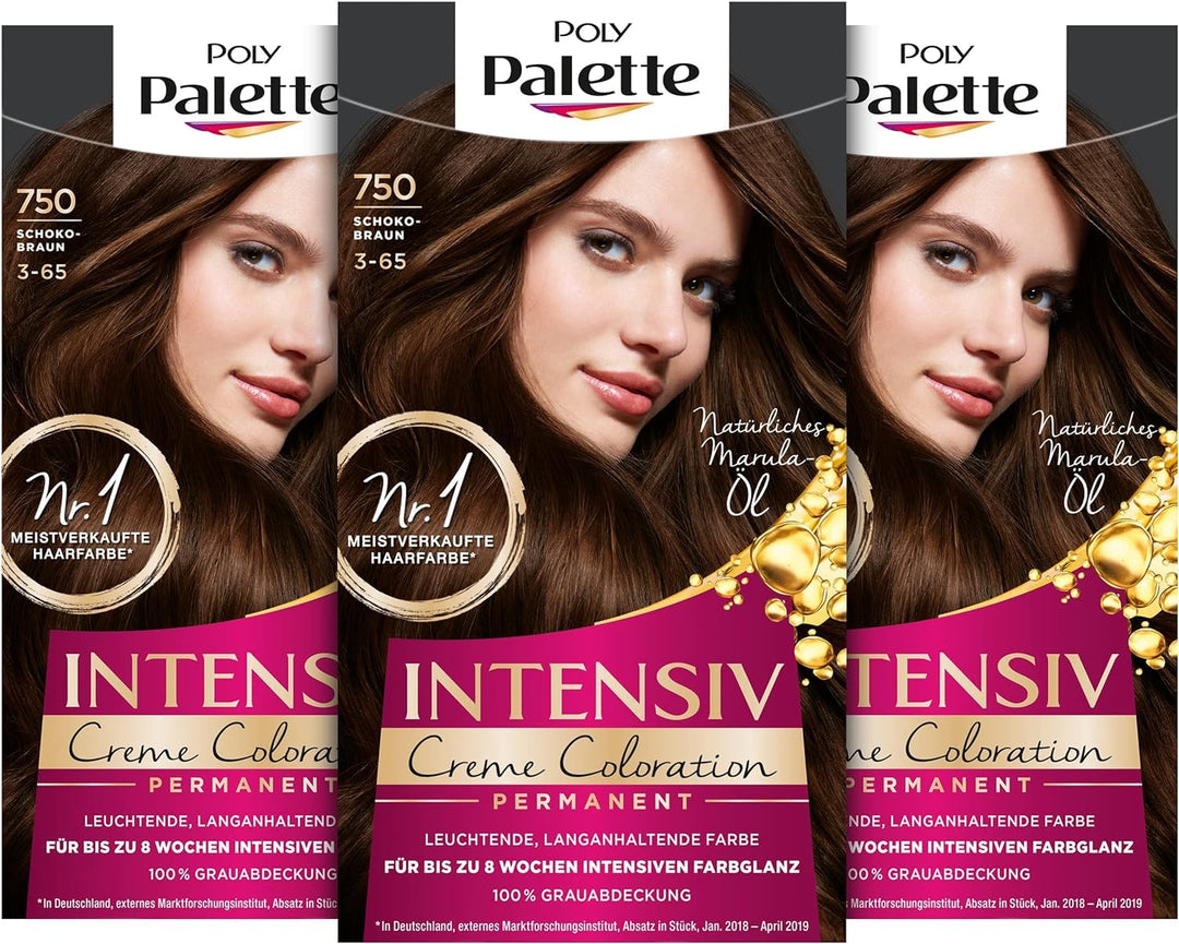 Palette Intensiv Creme Coloration 3-65/750 Schokobraun Stufe 3 (3 x 115 ml), Permanente Haarfarbe fü