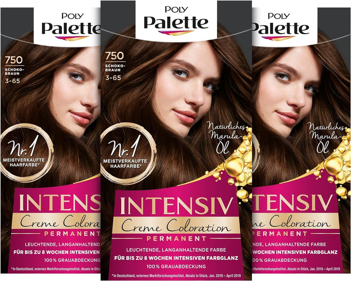 Palette Intensiv Creme Coloration 3-65/750 Schokobraun Stufe 3 (3 x 115 ml), Permanente Haarfarbe fü