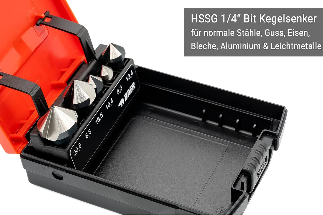 BAER HSSG 90° Bit-Kegelsenker-Satz 6,3-20,5 mm - für Akkuschrauber - Senkbohrer-Set 1/4'' Bit Kegels