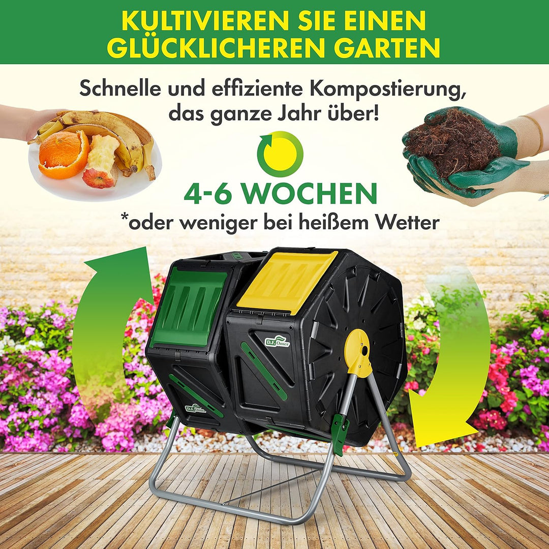 DF OMER Zweikammer-Trommelkomposter – Kleiner Komposter mit Easy-Turn-System, 2 Schiebetüren, Stabil