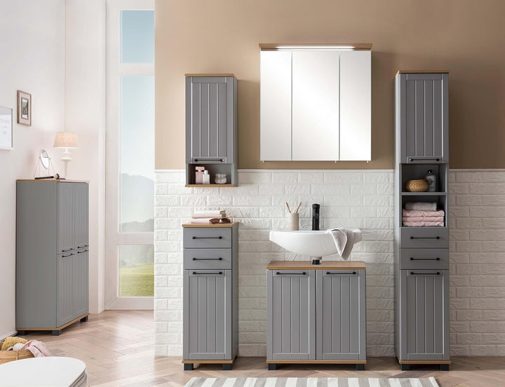 Schildmeyer Padua Spiegelschrank 148838, Platingrau/Eiche Landhaus Dekor, 70,5 x 16 x 72,3 cm (B/T/H