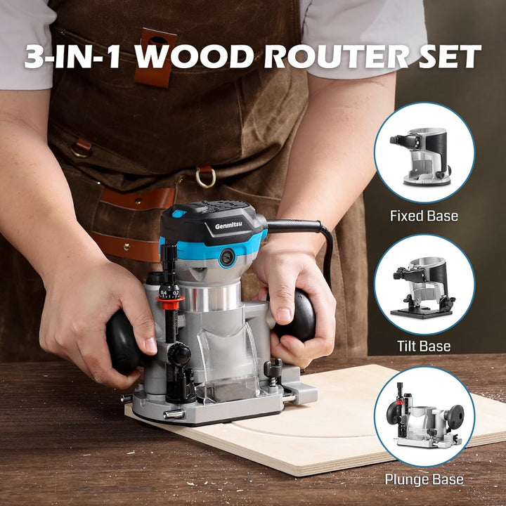 Genmitsu Handtrimmer Router Kit, kompakter Holzwerkzeug-Router mit Fest- und Tauchbasis sowie Neigeb