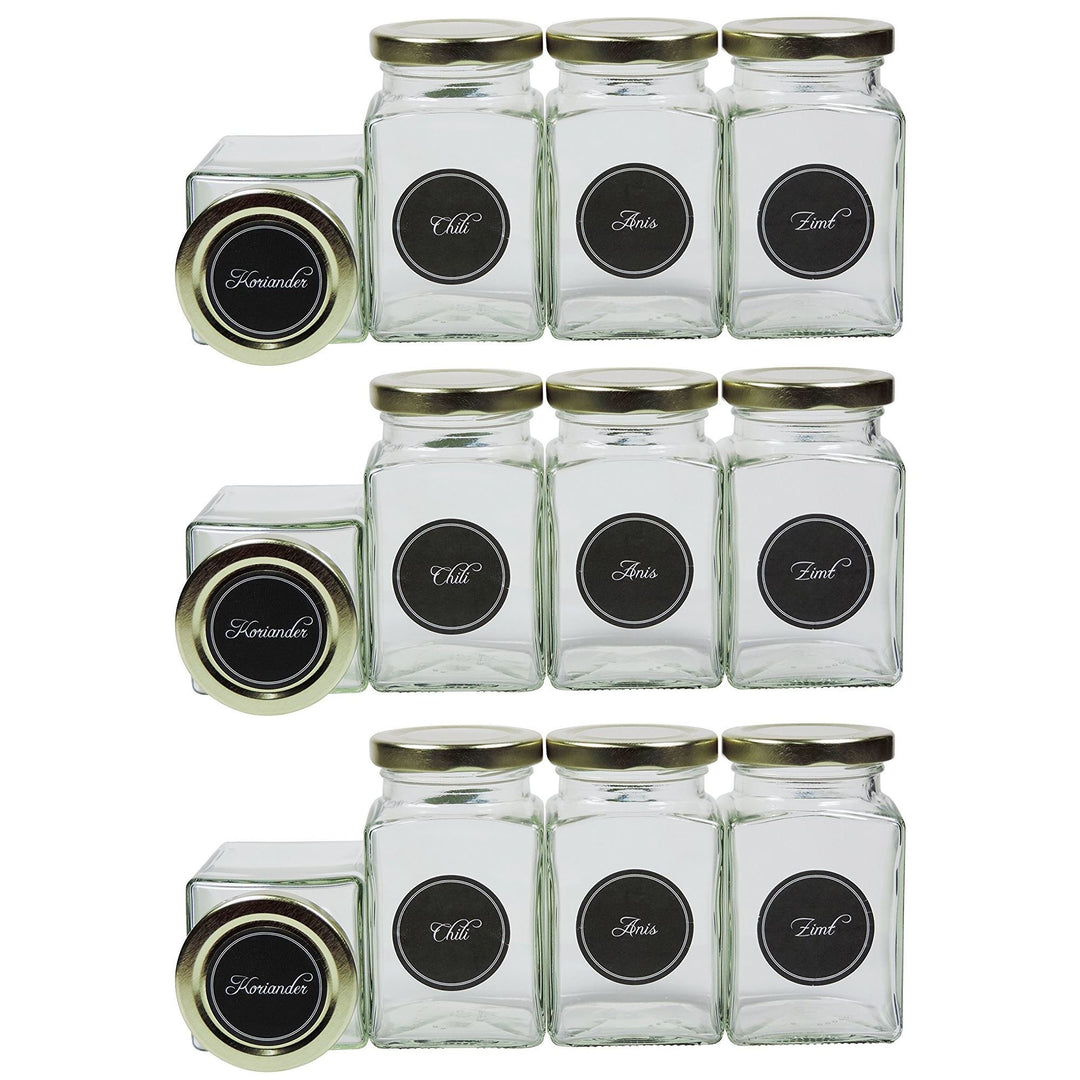 12 eckige Gewürzgläser 260 ml inkl. 24 Gewürzetiketten Deckelfarbe Gold
