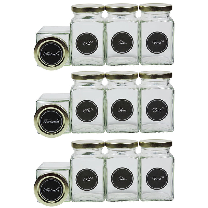 12 eckige Gewürzgläser 260 ml inkl. 24 Gewürzetiketten Deckelfarbe Gold
