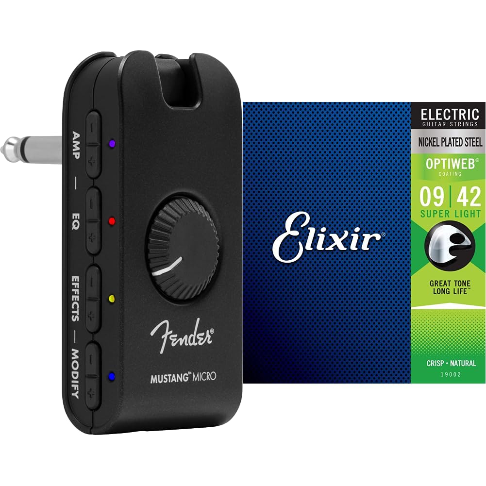 Fender Mustang Micro Amp – Der ultimative All-in-One Kopfhörer-Verstärker & Elixir 19077 Saiten E-Gi