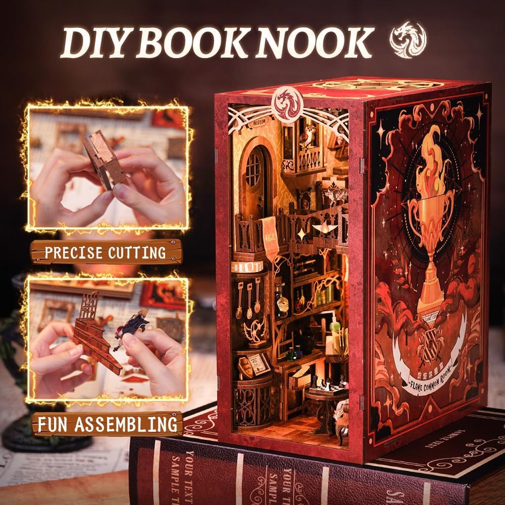 CUTEBEE Book Nook Kit mit Staubschutzhülle–DIY Puppenhäuser Miniatur Haus Kit mit LED-Licht,Booknook