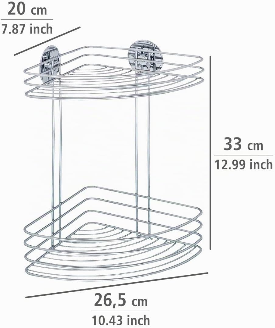 WENKO Turbo-Loc® Eckregal 2 Ablagen - Befestigen ohne bohren, Stahl, 26.5 x 33 x 20 cm, Chrom 33 x 2