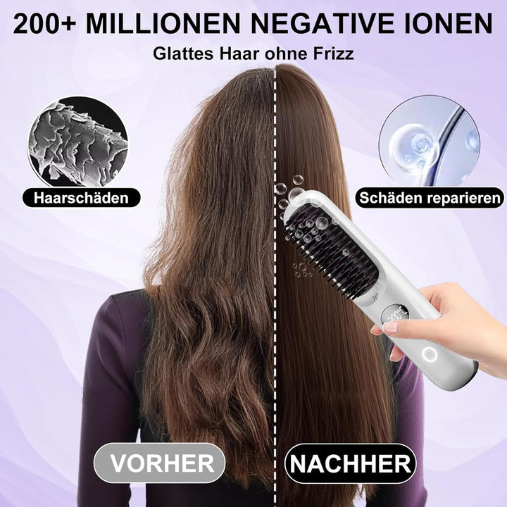 Kabellose Haarglätter Bürste - 3 Temperaturstufen, professionelle Keramikbeschichtung, Ionentechnolo