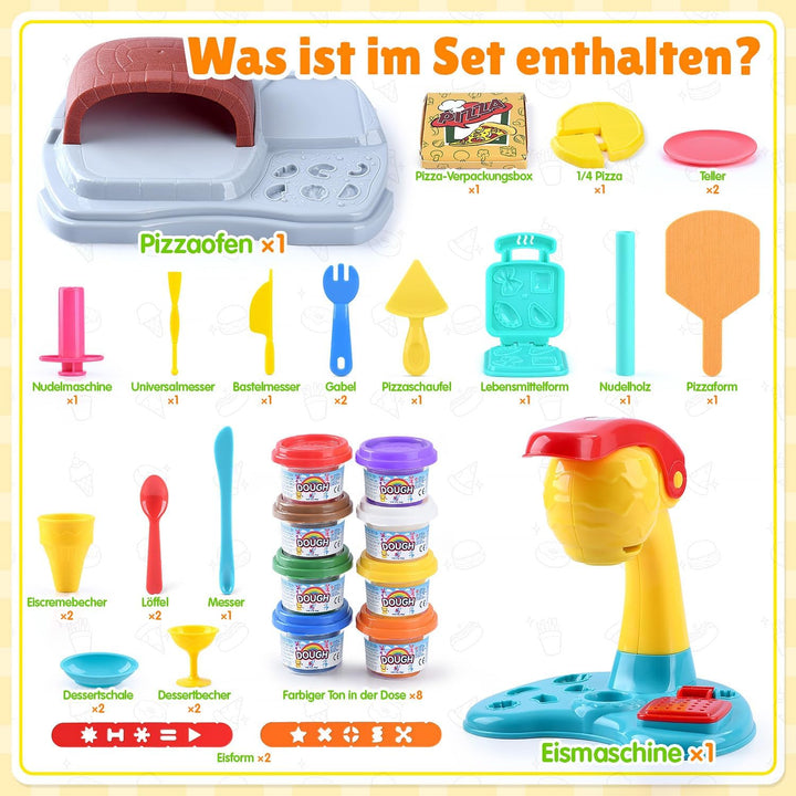PLAY 2 in 1 Knete Set Zubehör Kitchen Creations, DIY Knete Eismaschine Pizzaofen, 37 Pcs Kinderknete
