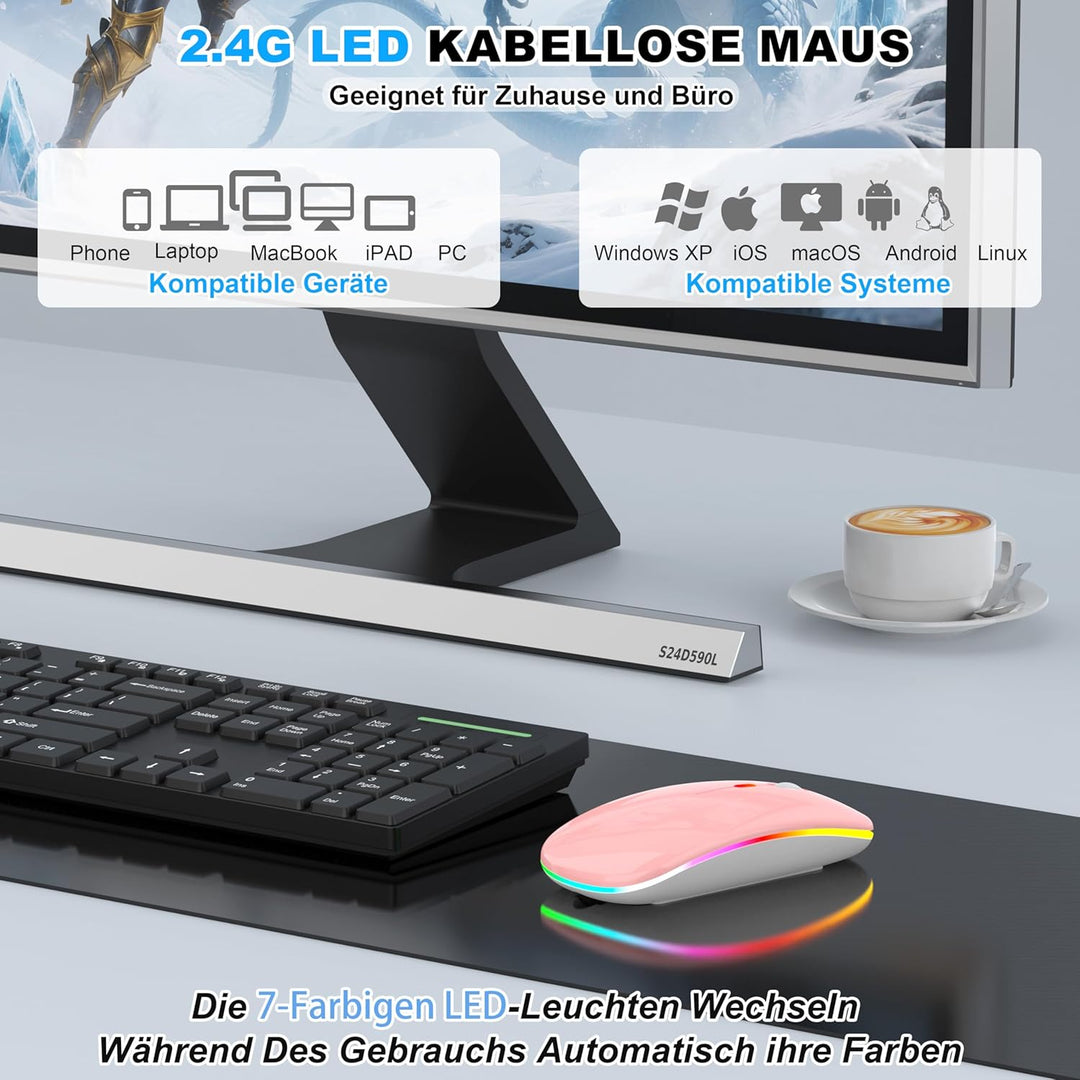LED Bluetooth Maus Kabellose, Wiederaufladbare Maus für iPad MacBook PC Laptop Computer, Tragbare Sc